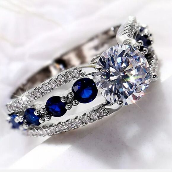Blue Sapphire & Clear White Diamond Center Stone & Baguette Diamonds P - Picture 1 of 9